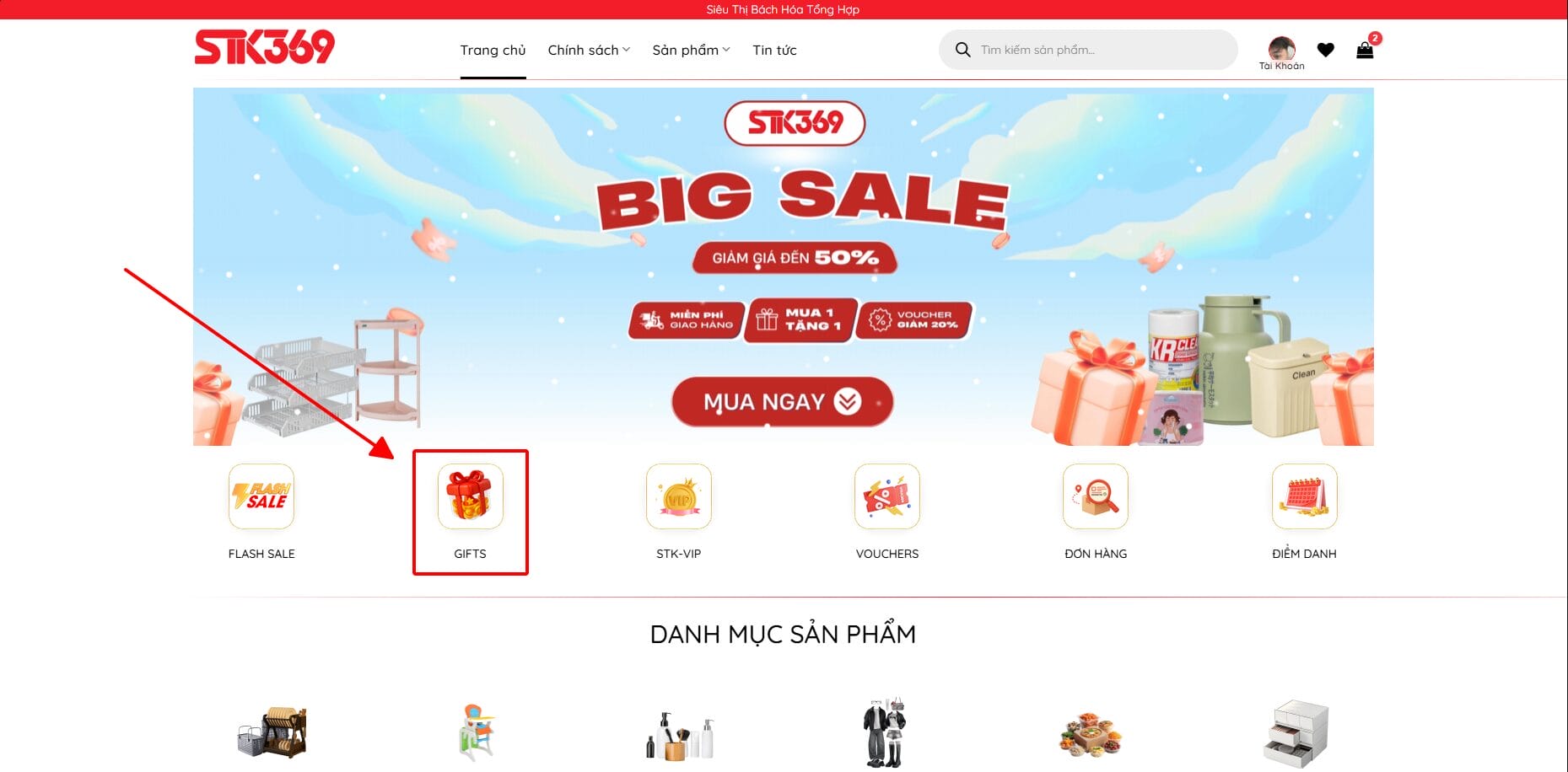 hướng dẫn đổi quà STK369 bước 3 vào mục GIFTS mở GIFTS (Kho Quà)