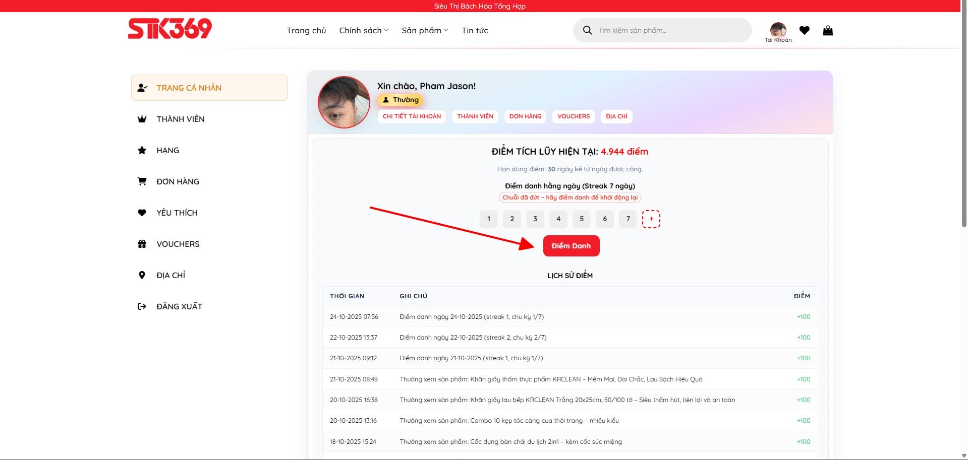 hướng dẫn đổi quà STK369 bước 2 điểm danh và theo dõi streak