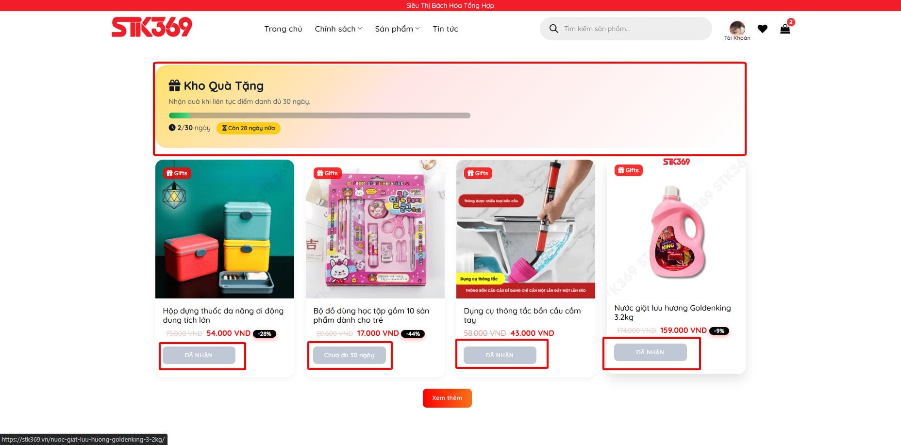 hướng dẫn đổi quà STK369 bước 4 nhận quà trong GIFTS (Kho Quà)