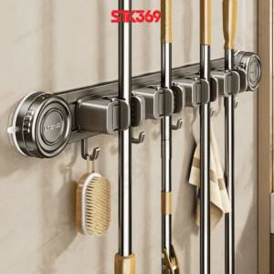 Kẹp treo cây lau nhà hút chân không, kẹp tường, móc chổi, giá để đồ không cần khoan tường 5 kẹp 6 móc