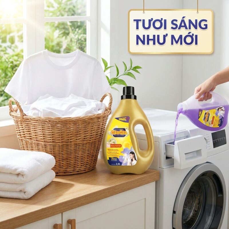 Nước giặt GiaGia giúp giặt áo thun trắng không bị vàng