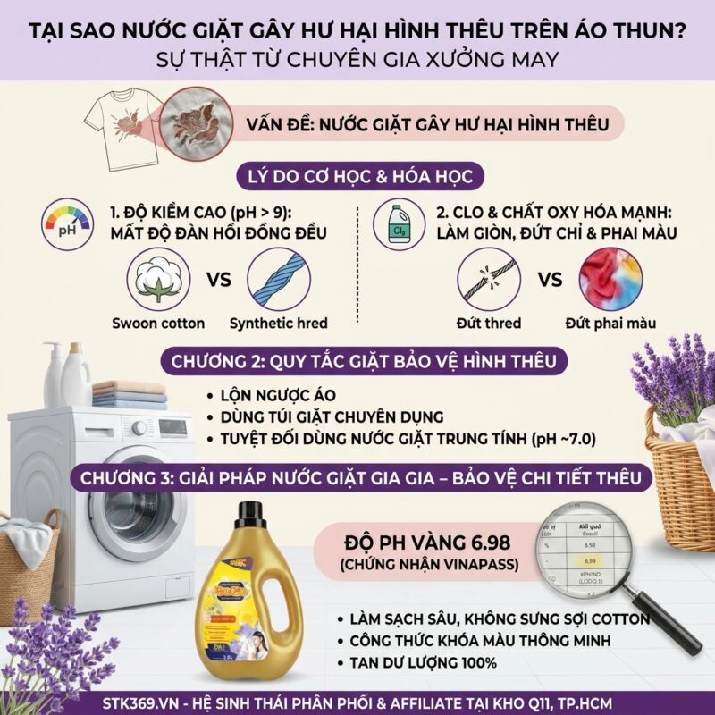 nước giặt làm hỏng chỉ thêu trên áo thun nhăn nhúm