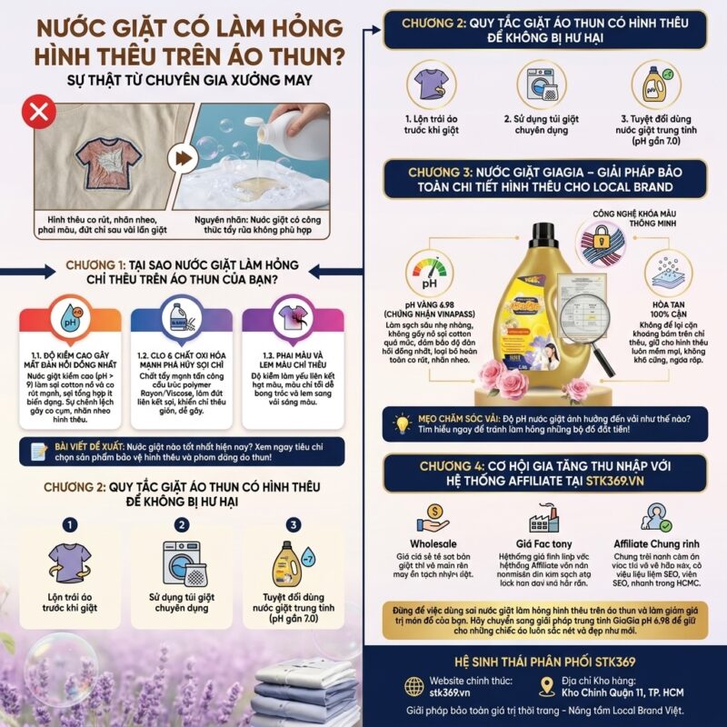 nước giặt làm hỏng chỉ thêu trên áo thun nhăn nhúm