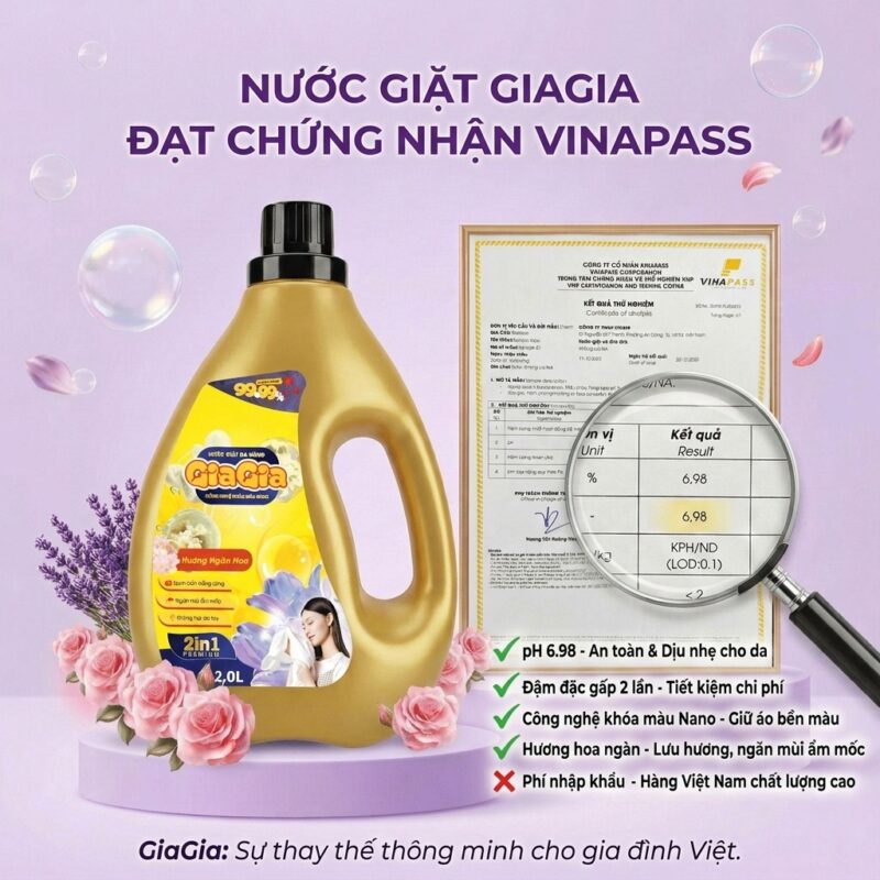 Nước giặt GiaGia đạt chuẩn VINAPASS an toàn thay thế nước giặt xả Thái Lan