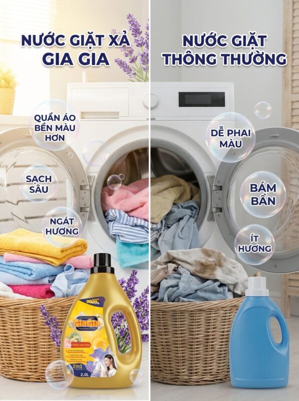 so sánh hiệu quả của nước giặt GiaGia và nước giặt thường