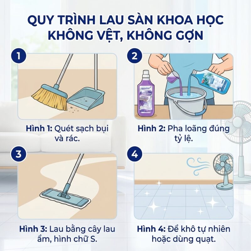 Quy trình lau sàn nhà khoa học không để lại vết vệt mờ loang