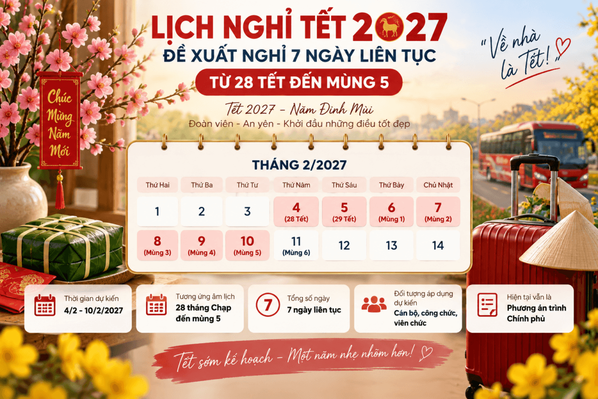 lịch nghỉ Tết 2027 nghỉ 7 ngày liên tục
